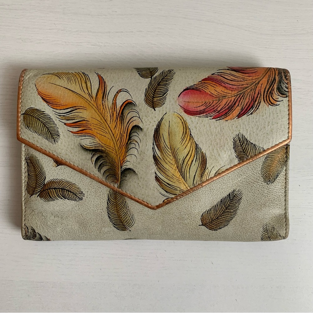 Anuschka Leather Wallet Ivory Gold Floating Feathers